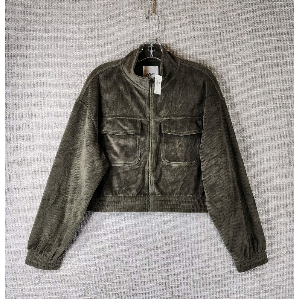 Aerie Groove On Velour Cropped Jacket Womens M Dark Olive Full Zip Ribbed NEW